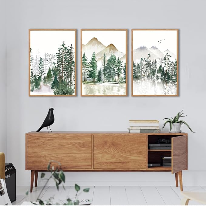 ANHUIB Large Framed Mountain Wall Art Watercolor Forest Landscape Painting Green Nature Prints Art Rustic Wall Decor Set of 3 for Living Room Bedroom Office 16x24 Inch