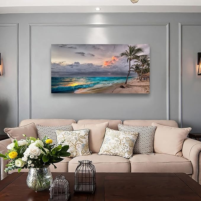 Beach Themed Wall Art Canvas Prints Seascape Poster Bathroom Décor Ocean Coconut Tree Landscape Paintings for Bedroom Dining Room Home Kitchen Decorations Natural Artwork 24x48 Picture Frame Wood