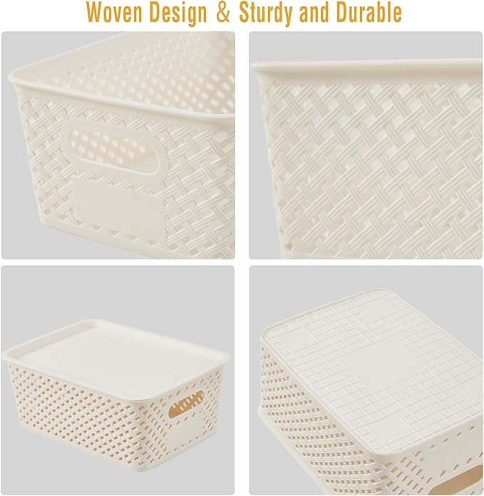 Small Plastic Twill Woven Storage Baskets with Lids, Stackable Organizing Containers with Labels for Pantry Closet Office, 6-Pack,10.35"x7.3"x4.09", White
