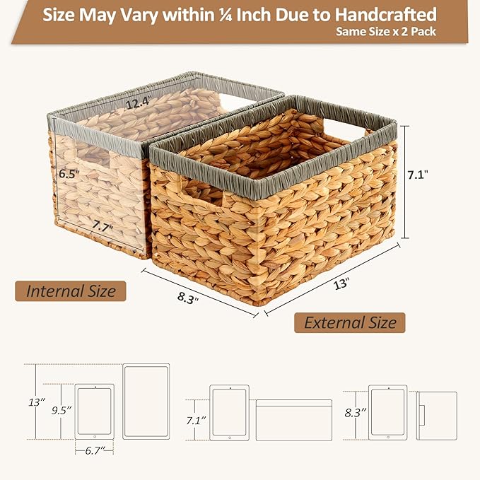 Wicker Storage Basket 2 Pack, Water Hyacinth Storage Baskets with Built-in Handles, Large Wicker Baskets for Storage & Organizing, Natural with Grey