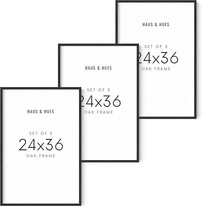 HAUS AND HUES 24"x36" Black Oak Wood Frames Set of 3-24"x36" Picture Frames for Wall, 24"x36" Black Picture Frame, Poster Frame 24"x36" Frames for Wall, 24"x36" Poster Frame Black, Frames 24"x36"