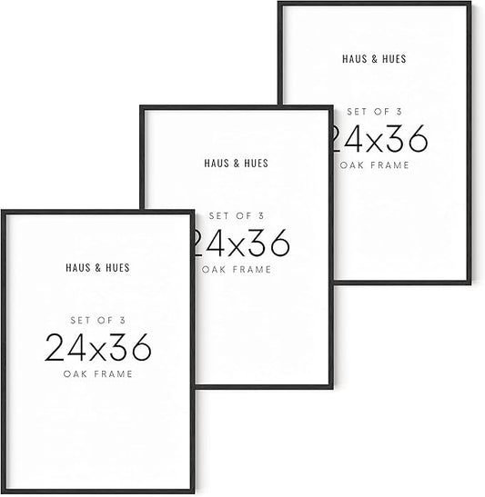 HAUS AND HUES 24"x36" Black Oak Wood Frames Set of 3-24"x36" Picture Frames for Wall, 24"x36" Black Picture Frame, Poster Frame 24"x36" Frames for Wall, 24"x36" Poster Frame Black, Frames 24"x36"