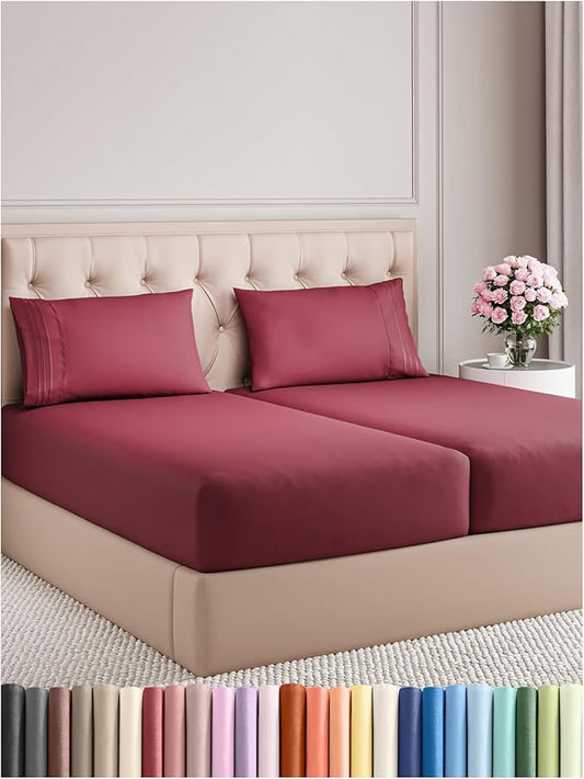 Split King Size 5 Piece Sheet Set - Comfy Breathable & Cooling Bed Sheets Set - Hotel Luxury Bedding for Women, Men, Kids, Teens, Boys & Girls - Deep Pockets, Soft, Wrinkle Free - Oeko-Tex - Burgundy