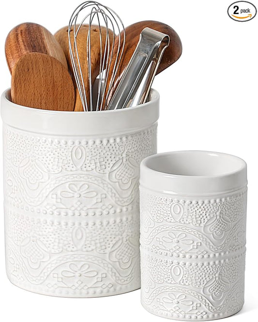 FUN ELEMENTS Kitchen Utensil Holder, 7.2+5.5" Super Large Utensil Crock Heavy and Stable Lace Emboss Ceramic Utensil Holder for Kitchen Counter(2Pcs Bright White)