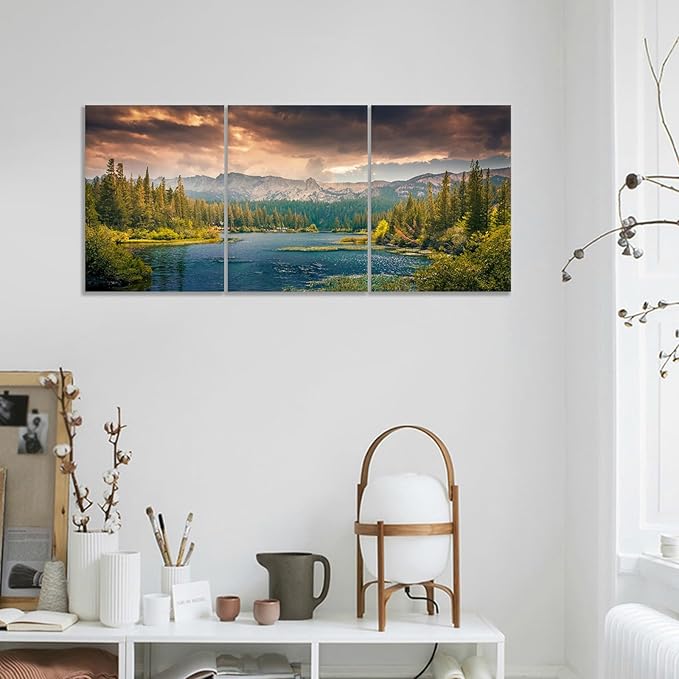 Lake Landscape Canvas Wall Art Poster Print White Clouds Forest Mountains HD Picture Painting Wall Decor Artwork for Modern Home Bedroom Bathroom Kitchen Wooden Framed Ready to Hang [36''W x 16''H]