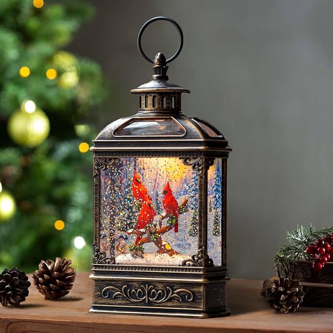 Christmas Snow Globe Water Glittering Cardinal with Music, USB Lined/Battery Operated Lighted Lantern for Christmas Festival Decoration Gifts