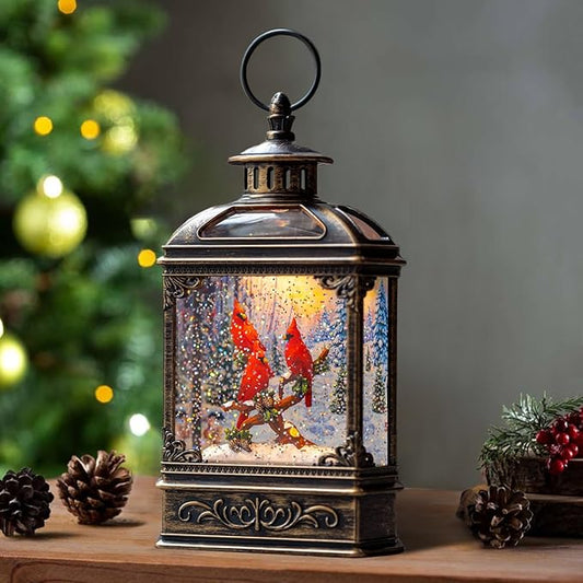 Christmas Snow Globe Water Glittering Cardinal with Music, USB Lined/Battery Operated Lighted Lantern for Christmas Festival Decoration Gifts