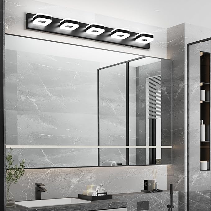 Tipace 5 Lights Black Bathroom Light Fixtures Modern LED Bathroom Vanity Lights Over Mirror 40.5 inch White Light 360°Rotatable