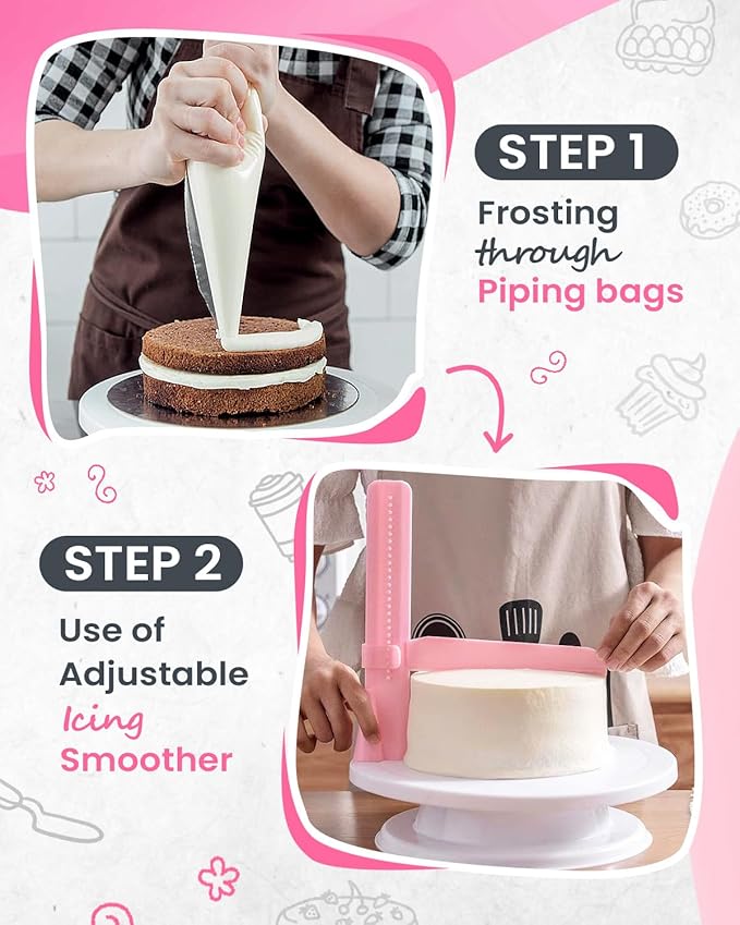 RFAQK 200PCs Cake Decorating Kit for Beginners with Turntable for Decoration - Piping Bags and Tips Set (110+55), Straight & Offset Spatula, Leveler, Video Course, Pattern Chart & More Baking Supplies