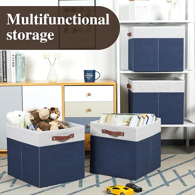 Temary Cube Storage Bins 4Pack Foldable Cube Baskets for Clothes Shelf Storage Basket with Handles, Storage Box Fabric Storage Organizer Bins for Home (White&Blue, 13x15x13 Inch)