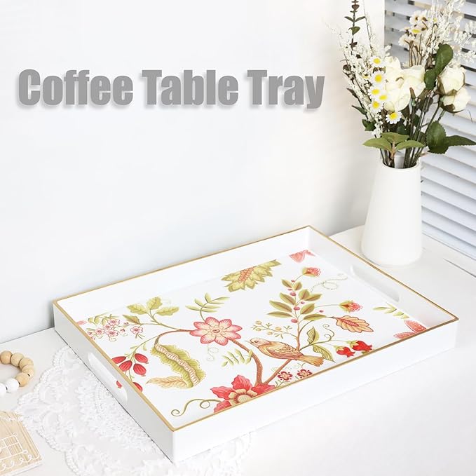 Spsyrine Decorative Serving Tray with Handles, White Lacquered Coffee Table Tray for Ottoman, Rectangle Waterproof Platters for Centerpieces, Parties, Living Room, Kitchen Counter Organization