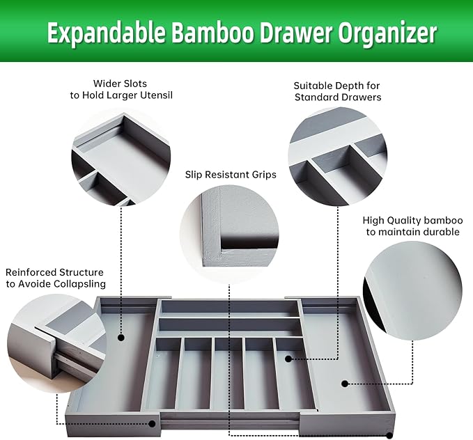 Silverware Organizer Kitchen Drawer Organizer Utensil Organizer Bamboo Silverware Holder Cutlery Organizer in Drawer Flatware Organizer Tray(9 slots, Gray)