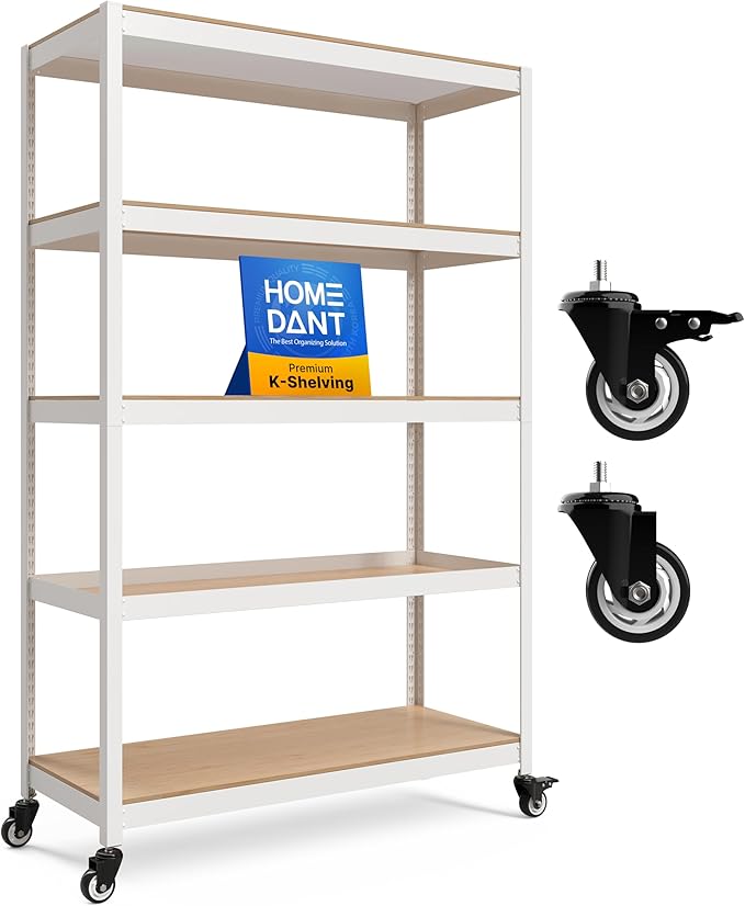 HOMEDANT House White 5-Tier Metal Boltless Rolling Cart Shelf Rack Casters Heavy Duty Wheel Shelving Unit Adjustable Storage Shelves Organizer Shelf Kitchen Garage 48.1" W x 18.5" D x 75.4" H 1Pack