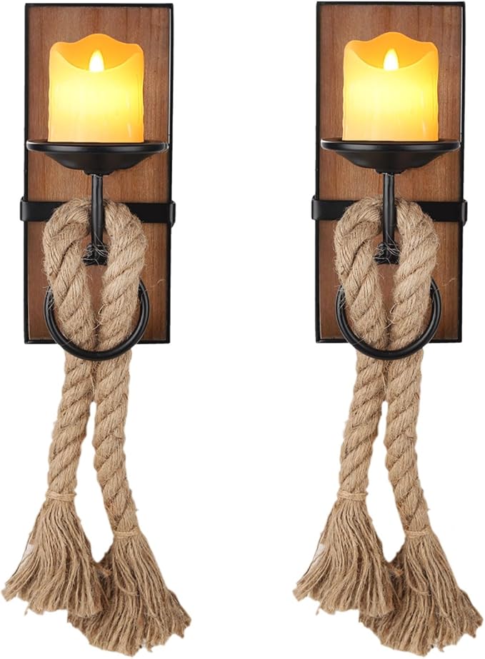 Wall Sconce Candle Holder Black Wall-Mount Metal and Wooden Candle Holders Hanging Iron Wall Candle Sconce Holder and use Hemp Rope Decoration,for Home,Living Room, Bathroom, Dining Room, Set of 2