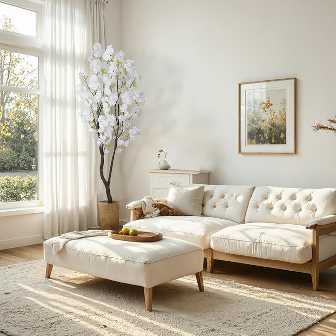 Faux White Cherry Blossom Tree 6.5ft(84in)Tall Artificial Plant Indoor Decor Handmade Natural Fake White Flower Tree for Wedding Realistic Cherry Plant in Pot for Home Living Room,Office Decor.