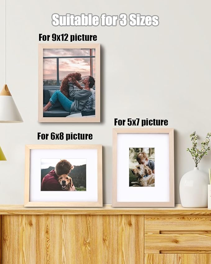 Egofine 9x12 Picture Frames Set of 4, Made of Solid Wood Covered by Plexiglass 5x7 and 6x8 with Mat or 9x12 without Mat, for Table Top Display and Wall Mounting Photo Frame Oak Wood
