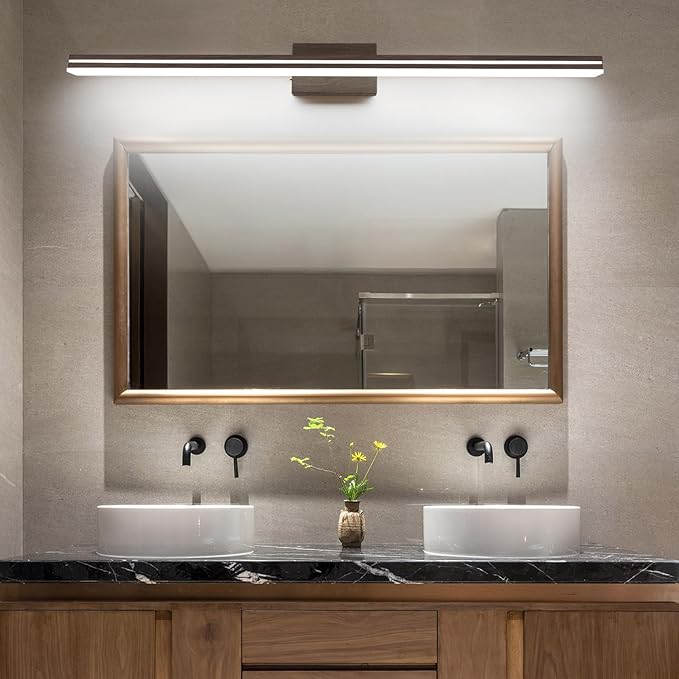 SineRise LED Modern Bathroom Vanity Light Fixtures (48-Inch, 3000K/4000K/6000K, Dimmable), Brown Wood Painted Modern Acrylic Bathroom Wall Lighting Fixtures Over Mirror