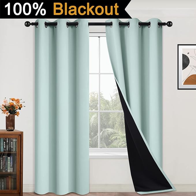 Yakamok Full Blackout Curtains 84 Inches Long,Blackout Curtain Panels for Bedroom, 2 Thick Layers Grommet Top Thermal Insulated Drapes with Black Liner for Living Room(42Wx84L, Aqua, 2 Panels)