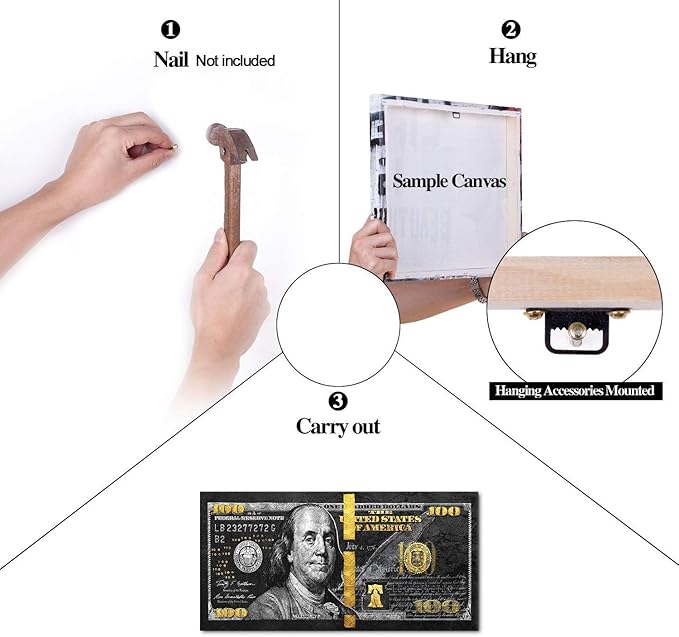 Dollars Money Posters and Prints Culture Style Street Art Inspirational Canvas Painting Wall Pictures for Living Room Cuadros Bedroom Decor Positive Artwork 100 Bill Art Framed Easy to Hang-32 Wx16 H