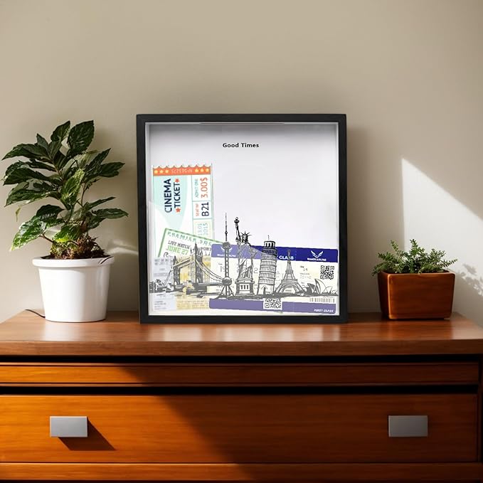 12x12 Travel Adventure Archive Box, Ticket Box for Wall Or Tabletop, Memory Box Wood Frame (Black)