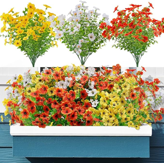 12 Pack Artificial Fall Flowers for Outdoor Orange Yellow Autumn Floral Stems Outside Faux Silk Violet Flower for Garden Porch Window Yard Wedding Thanksgiving Decoration Table Fireplace Decor