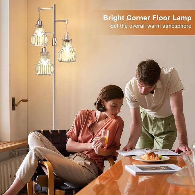 Dimmable Floor Lamps for Living Room, Industrial Tree Standing Tall Lamps with 3 Elegant Cage Shade & 650 Lumens LED Bulbs for Bedroom Office - Light Gold