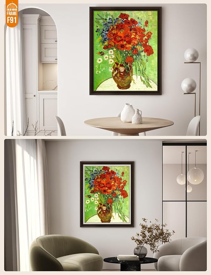 DECORARTS - Red Poppies and Daisies, Vincent Van Gogh Art Reproduction. Acid Free Cotton Canvas Giclee Print w/Bronze Frame&Mat for Wall Decor.