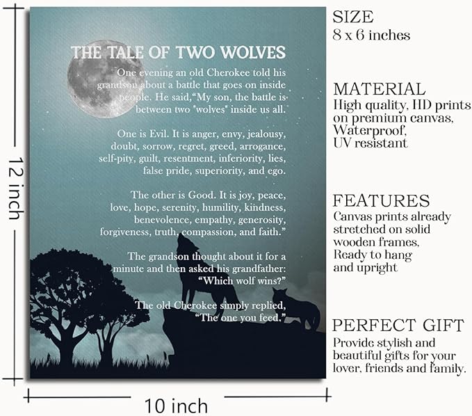 Wolf Wall Art: The Tale of Two Wolves - Native American Inspirational Quote Canvas Poster, Decor and Gifts (10x12 inch)