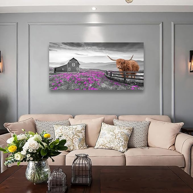 Highland Cow Pictures Canvas Wall Art for Living Room Home Wall Decor Black and White Background Animal Cow Purple Flowers Country Scenery Prints Painting for Bedroom Office Decoration 20x40 inches