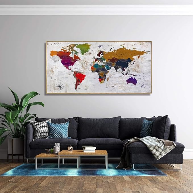 Framed Wall Art World Map Wall Art Canvas Picture 30inx60in Large Antiqued Map of The World Canvas Painting Artwork Prints for Office Wall Decor Home Living Room Decorations Framed Ready to Hang