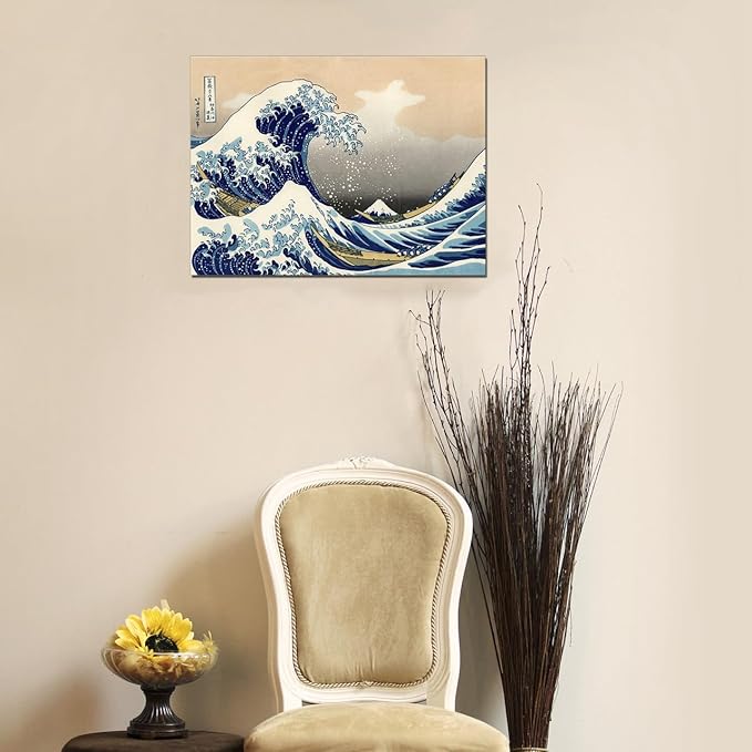 The Great Wave Off Kanagawa Japanese Bathroom Canvas Wall Art Famous Painting Print for Nursery Bedroom Boy's Room Kitchen Wall Decor Framed 12x16inch