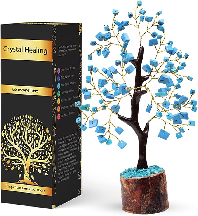 NARIBABU Turquoise Crystal Tree (7–8 Inch, 100 Chips) – Handmade Gemstone Tree with Raw Stones & Golden Wire – Gift for Her, Birthday Gifts for Women, Spiritual Home Decor