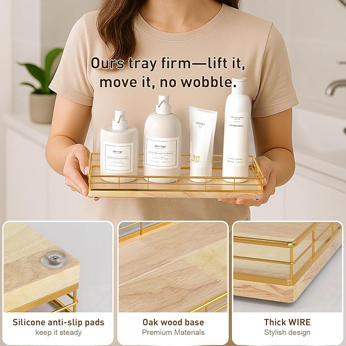 Toilet Paper Basket Organizer – Oak Wood Toilet Tank Tray with Metal Frame, Back of Tank or Top Bathroom Counter Storage – Gold & Oak Modern Decor