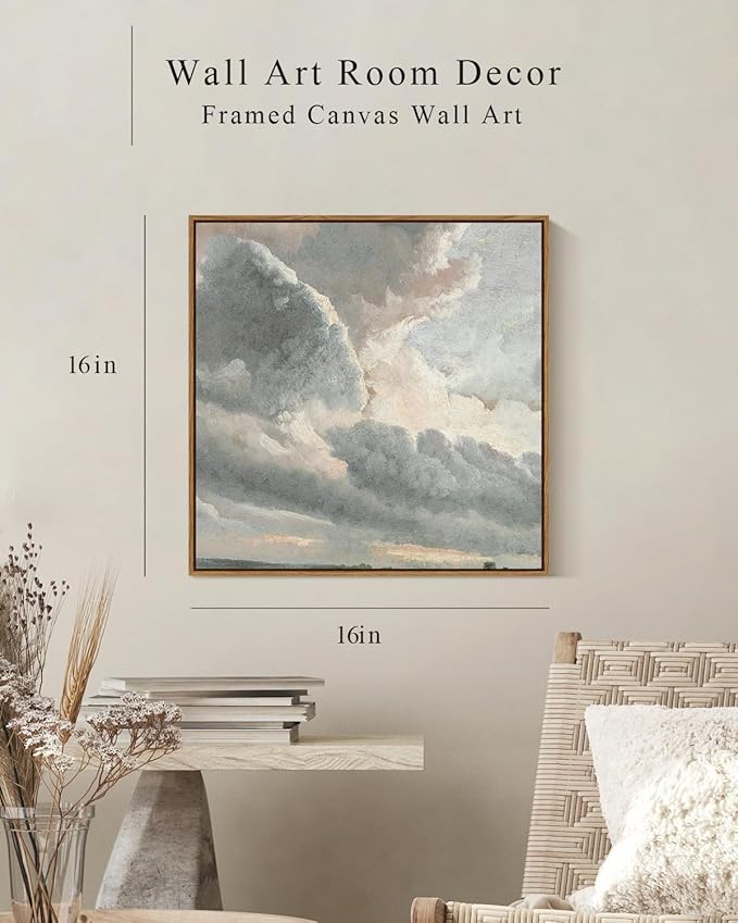 InSimSea Square Framed Canvas Art, Vintage Nature Decor, Sky Clouds Sunset Prints for Living Room, Classical Retro Paintings for Bedroom Office Home Decoration 16x16