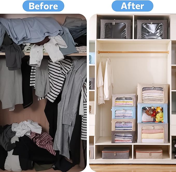 3Pack Foldable Storage Bins - Frame Storage Box Linen Fabric Stackable Clothes Container Organizer with Clear Window & Carry Handles Large Capacity (Small-22L, Beige)