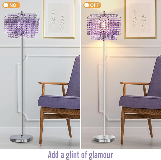 Crystal Floor Lamp Purple, 64" Tall Standing Lamps with Double-Layer Lampshade, Elegant Floor Lamp with On/Off Foot Switch, Standing Lamps for Living Room, Bedroom, Dresser, Office, Bulb Included