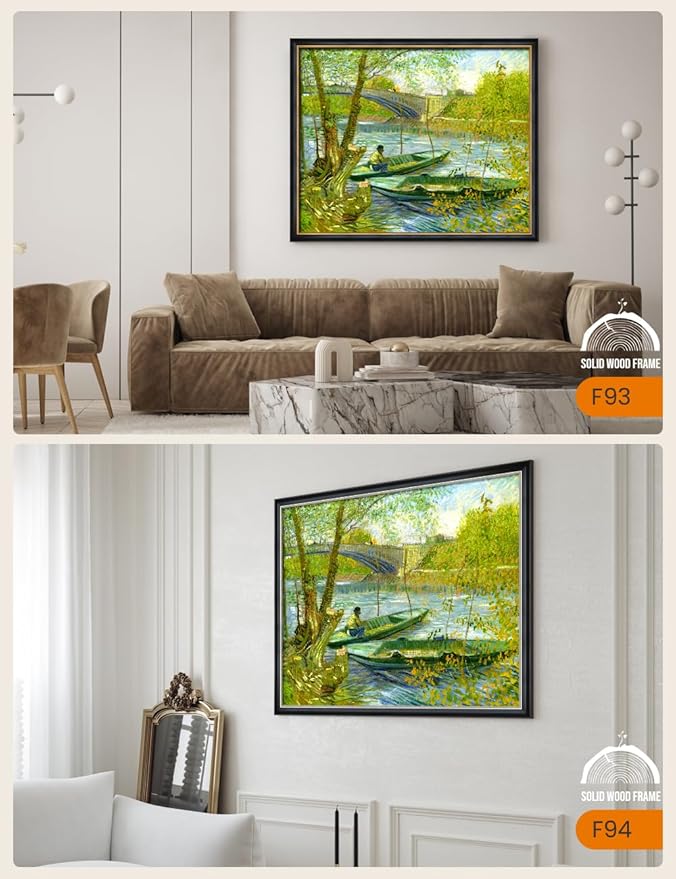 DECORARTS - Fishermen and Boats from the Pont de Clichy by Vincent Van Gogh, Large Giclee Canvas Print with Solid Wood Frame, Oversized Wall Art Decor