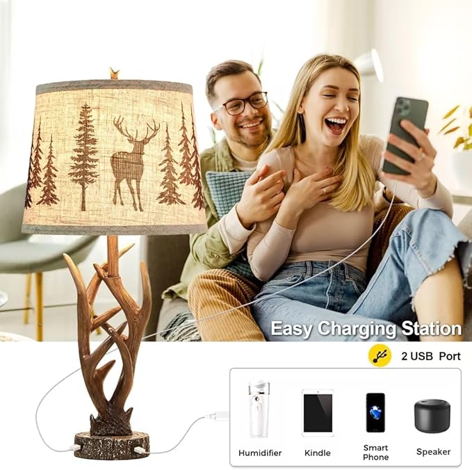 Dungoo 26" Touch Control Antler Table Lamps Set of 2, 3-Way Dimmable Rustic Lamp with 2 USB Ports, Natural Antler Lamp with Deer Forest Lampshade Farmhouse Lamps for Living Room Foyer