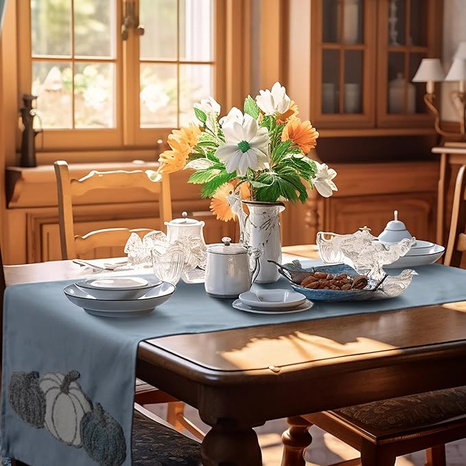 Breling Thanksgiving Pumpkin Table Runner Jacquard Fall Pumpkin Thanksgiving Dinner Table Runner Autumn Harvest Decoration for Kitchen Dining Home Dinner Party 13x72 Inch (Blue)