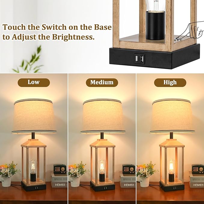 28" Farmhouse Table Lamp with 2 Light, 3-Way Dimmable Vintage Touch Control Nightstand Bedside Wood Lamp with USB Ports for Living Room, Bedroom, Home, Office, 2 Bulbs Included
