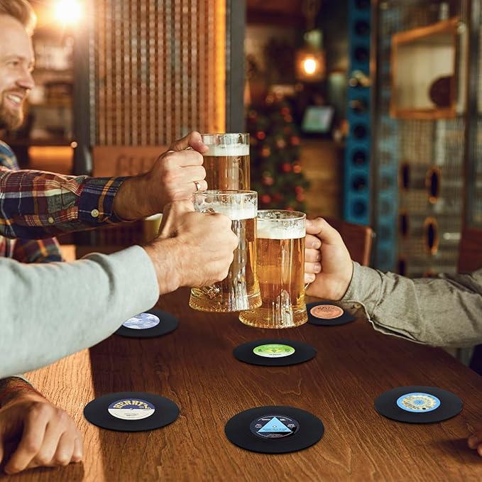 Valdivia Retro Vinyl Record Coasters with Player, 6PCS Music Coasters for Drinks, Home and Coffee Table Decor, Housewarming Gifts New Home Apartment Gifts for Music Lovers, Birthday Gifts for Men