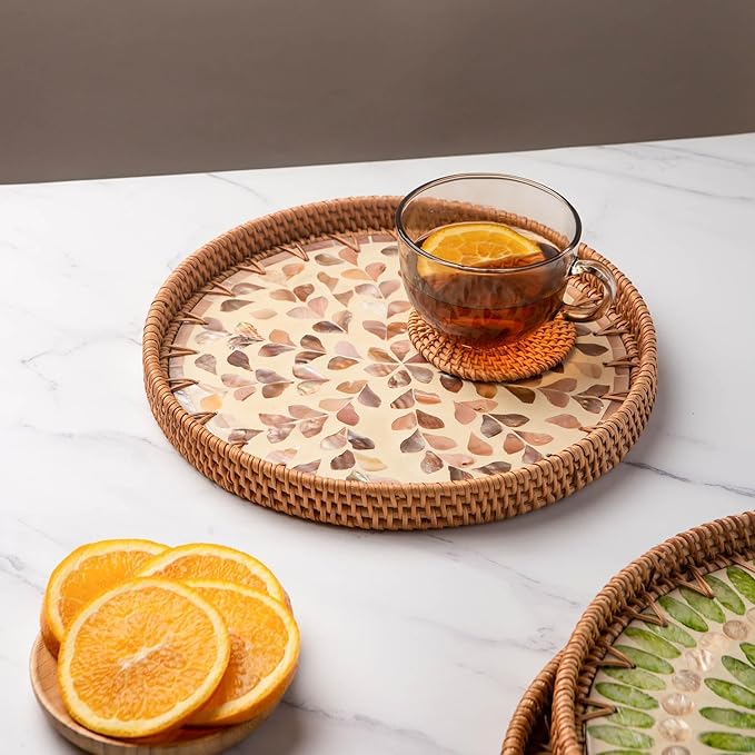 11.8' Wicker Round Rattan Mother of Pearl Serving Basket Tray for Décor Coffee Table | Large Boho Circle Woven Decorative Trays for Outdoor, Home, Kitchen Display (Leaf)