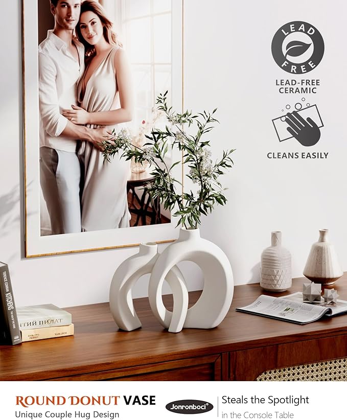 7.2″Hx8.9″H Donut Shape Decorative Vase Set of 2, Ceramic, Modern Minimalism Styles, Flowers or Plant Table Vases for Home Decor Living Room Shelf Entry Console Mantle Dining Centerpiece (Matte White)