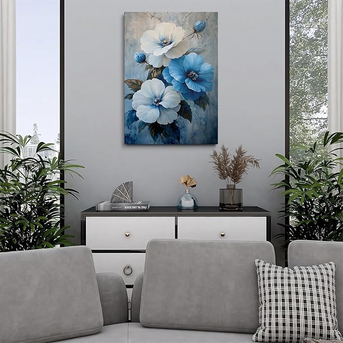 Blue and White Floral Picture Wall Decor Framed Botanical Plant Rustic Flower Canvas Wall Art Modern Pop Prints Poster Western Country Farmhouse Painting for Bathroom Living Room Bedroom (12"x16")