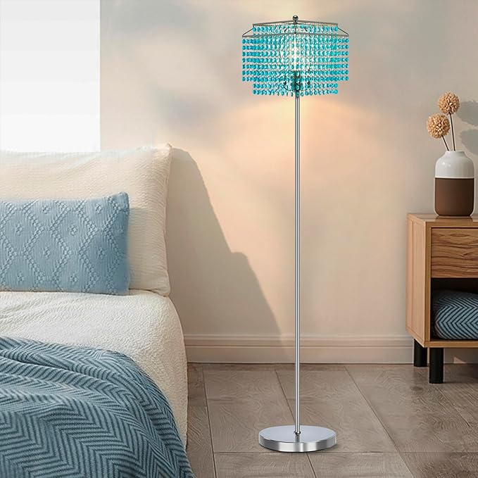 Luvkczc Crystal Floor Lamp Blue, 64" Tall Elegant Standing Lamp with On-Off Foot Switch, Double-Layer Lampshade, Light Blue Standing Lamps for Living Room, Bedroom, Office, 8W Bulb Included