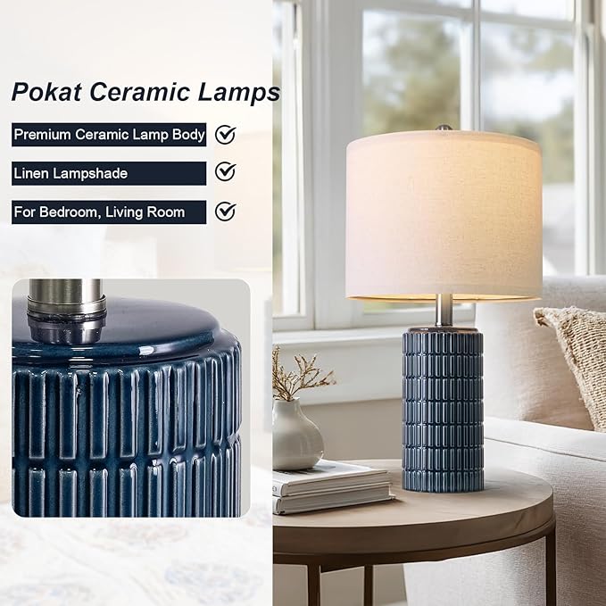 PoKat 20.75" Small Blue Table Lamps, Farmhouse Bedside Lamps for Bedroom Set of 2, Ceramic End Table Lamps for Night Stands Living Room, Modern Nightstand Desk Lamps, Dark Blue