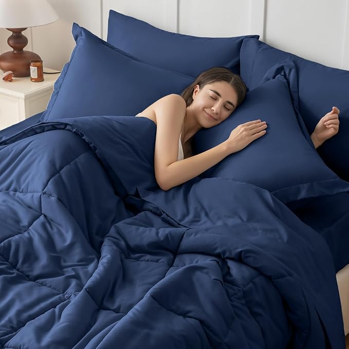 JOLLYVOGUE Queen Comforter Set, Ultra-Soft Bed in a Bag Queen Size 7 Pieces, Oeko-TEX Certified Bedding Set with Down Alternative Comforter, Sheets, Pillowcases & Shams, Navy