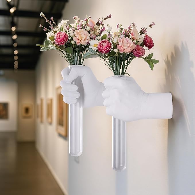 2 Pieces Wall Sculptures, Hands Vase Home Decor, Wall Mount Art Sculpture, Unique Wall Art Statue, Funky Flower Vase Decorations, Modern Eclectic Hanging Decor,Hands Statue (White)