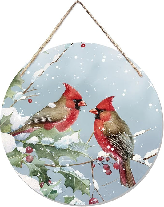 CGBHW Winter Christmas Cardinal Birds Wooden Sign, Winter Branches Berry Snowflake Snow Decoration Hanging Sign Wall Decor, Rustic Farmhouse Christmas Holiday Seasonal Wooden Sign for Home Door Decor 12 x 12 Inch
