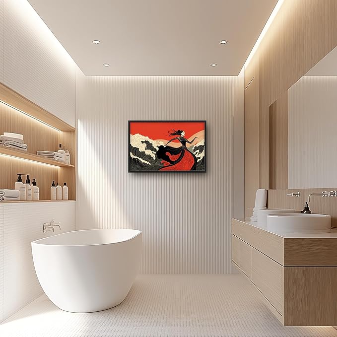 Flintis Large Black White and Red Dancer Framed Wall Art Woman Dancing Waves Pictures Wall Decor Abstract Canvas Painting Print Artworks Framed for Living Room Bathroom Master Bedroom 36L X 24W